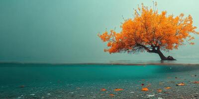Vibrant orange tree stands out in tranquil blue water at a serene lakeside location during autumn season photo