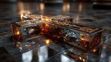 Intricately designed glass cross illuminated on a reflective surface during a quiet moment in a sacred space photo