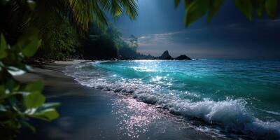 Beautiful shoreline at twilight with tranquil waves and tropical vegetation in a serene coastal setting photo