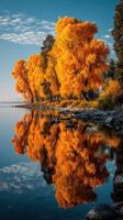 Autumn trees reflecting on calm water creating a serene landscape at the lake photo