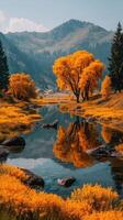 Vibrant autumn landscape with orange trees and reflective water in serene mountain setting photo