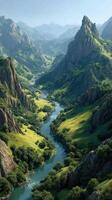 Majestic mountains and flowing river create stunning landscape in serene rural setting photo