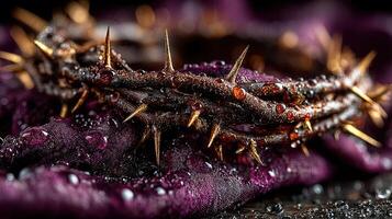Intricate crown of thorns resting on a deep purple cloth with droplets of water at a solemn moment of reflection photo