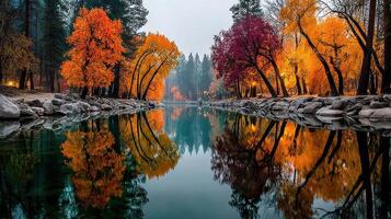 Autumn colors reflect in calm water of a serene river surrounded by vibrant trees in the morning fog photo