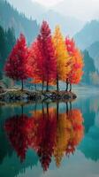 Colorful autumn trees reflecting in calm water surrounded by mountains photo