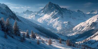 Majestic snow-covered mountains and a serene valley create a breathtaking winter landscape in the Alps during the early morning photo