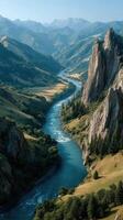 Majestic river flowing through mountainous landscape in serene afternoon light photo