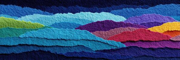 Colorful layered paper art representing abstract mountains and valleys at dusk photo