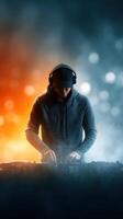 DJ mixes vibrant sounds at a lively event in a trendy venue during the night photo