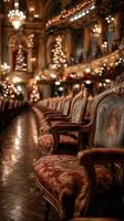 Festive interior of a historic theater with ornate seating and holiday decorations in the evening light photo