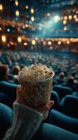 Enjoying popcorn in a cozy theater filled with audience before the show starts photo
