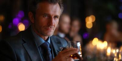 Elegant man enjoying a drink at a sophisticated evening event with warm candlelight ambiance photo
