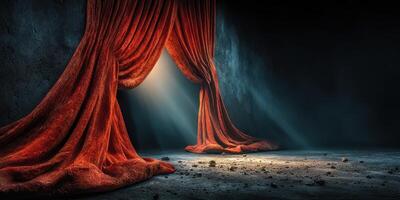 Curtains draw back to reveal a dimly lit stage with beams of light illuminating a dusty floor at an empty theater photo