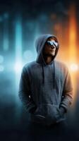 Young man in hoodie and sunglasses posing against a glowing abstract background during nighttime photo