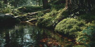 Tranquil forest stream surrounded by lush greenery and rocks on a sunny afternoon in nature photo