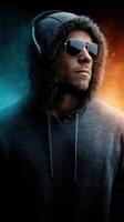 Young man wearing sunglasses and headphones in a hoodie poses dramatically against a colorful background of blue and orange photo