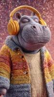 Hippo wearing headphones enjoys vibrant atmosphere at a festive celebration photo