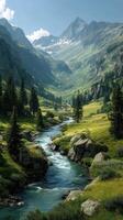 Majestic mountain valley with a flowing river and lush greenery under a clear blue sky photo