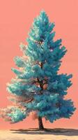 Vibrant blue tree stands alone against a warm pink sky in a serene landscape at sunset photo