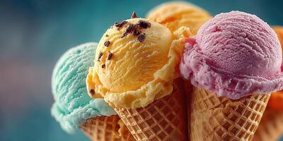 Colorful ice cream cones arranged in a playful display at a summer gathering in a vibrant setting photo