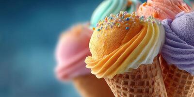 Colorful ice cream cones stacked together showcase a variety of flavors in a summer delight photo
