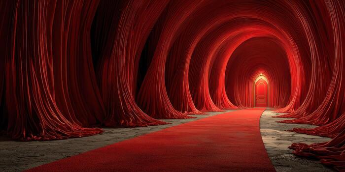 Mysterious passageway with flowing red fabric and a glowing door at dusk photo