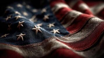 Close up view of a wrinkled American flag showcasing its colors and textures during a patriotic gathering in the evening light photo