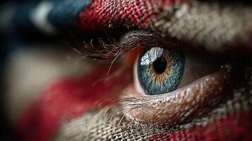 Eye close-up reveals striking details and emotion with patriotic patterns in background lighting up the scene photo