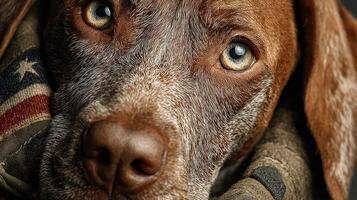 Close-up of a loyal dog resting with soulful eyes and a gentle expression in a cozy indoor setting photo
