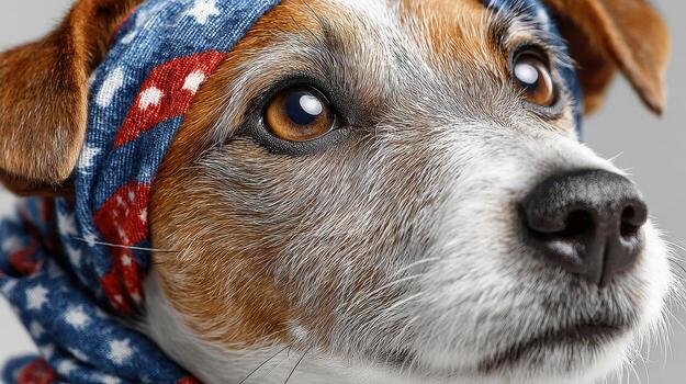 Dog wearing a colorful scarf with a patriotic pattern looks thoughtfully at the camera in a well-lit indoor setting photo