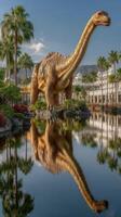 Giant golden dinosaur statue reflected in calm waters surrounded by lush greenery in a tropical setting photo