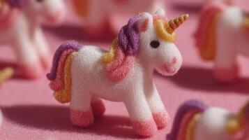 Colorful unicorn figurines arranged on a pink background for a fun celebration or playful decoration photo