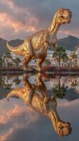 Giant golden dinosaur statue stands in a reflection lake during sunset at a theme park photo