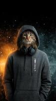 Cat with human features wearing a hoodie and headphones in a cosmic background photo