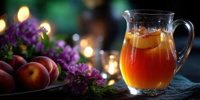 Refreshing peach iced tea with fresh fruit and flowers in a cozy evening setting photo