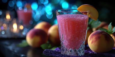 Refreshing summer peach drink garnished with a slice, set against a sparkling background photo