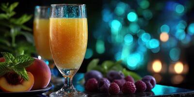 Refreshing summer drinks with fruit and vibrant bokeh background at a cozy gathering photo