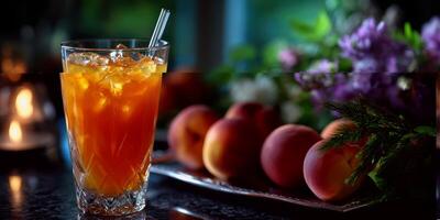 Refreshing peach iced tea served with fresh peaches near soft candlelight in a cozy indoor setting photo