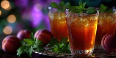 Refreshing iced tea with mint and peaches served in glasses on a decorative tray photo