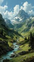 Majestic mountain landscape with lush valleys and a flowing river under a bright sky photo