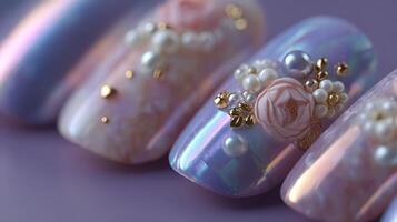 Nail art display featuring floral and pearl embellishments on pastel colored nails in a well-lit environment photo