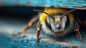 Close-up view of a bee resting between wooden planks on a sunny day in a garden photo