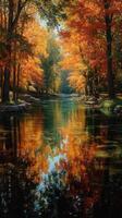Vibrant autumn colors reflect in serene river surrounded by golden trees during golden hour photo
