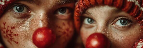 Festive friends display holiday spirit with joyful expressions and colorful nose decorations photo