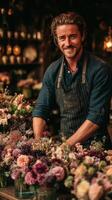 Flower shop owner arranging colorful blooms in a charming storefront during golden hour photo
