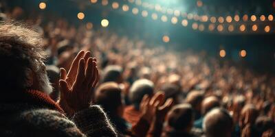 Crowd applauds enthusiastically during an evening performance in a cozy theater filled with warm lights photo