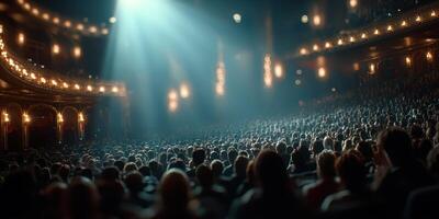 Audience captivated by performance in grand theater during evening show photo