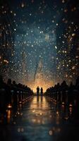 Holiday celebration with illuminated trees and couples standing in a festive atmosphere at night photo