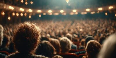 Crowd of theatergoers enjoying a performance in a historic venue at night photo
