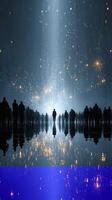People gathering in a futuristic setting illuminated by shimmering lights and reflections at dusk photo